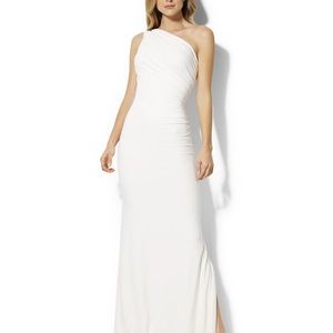 LAUREN BY RALPH LAUREN EVENING ONE SHOULDER BROOCH GOWN In white